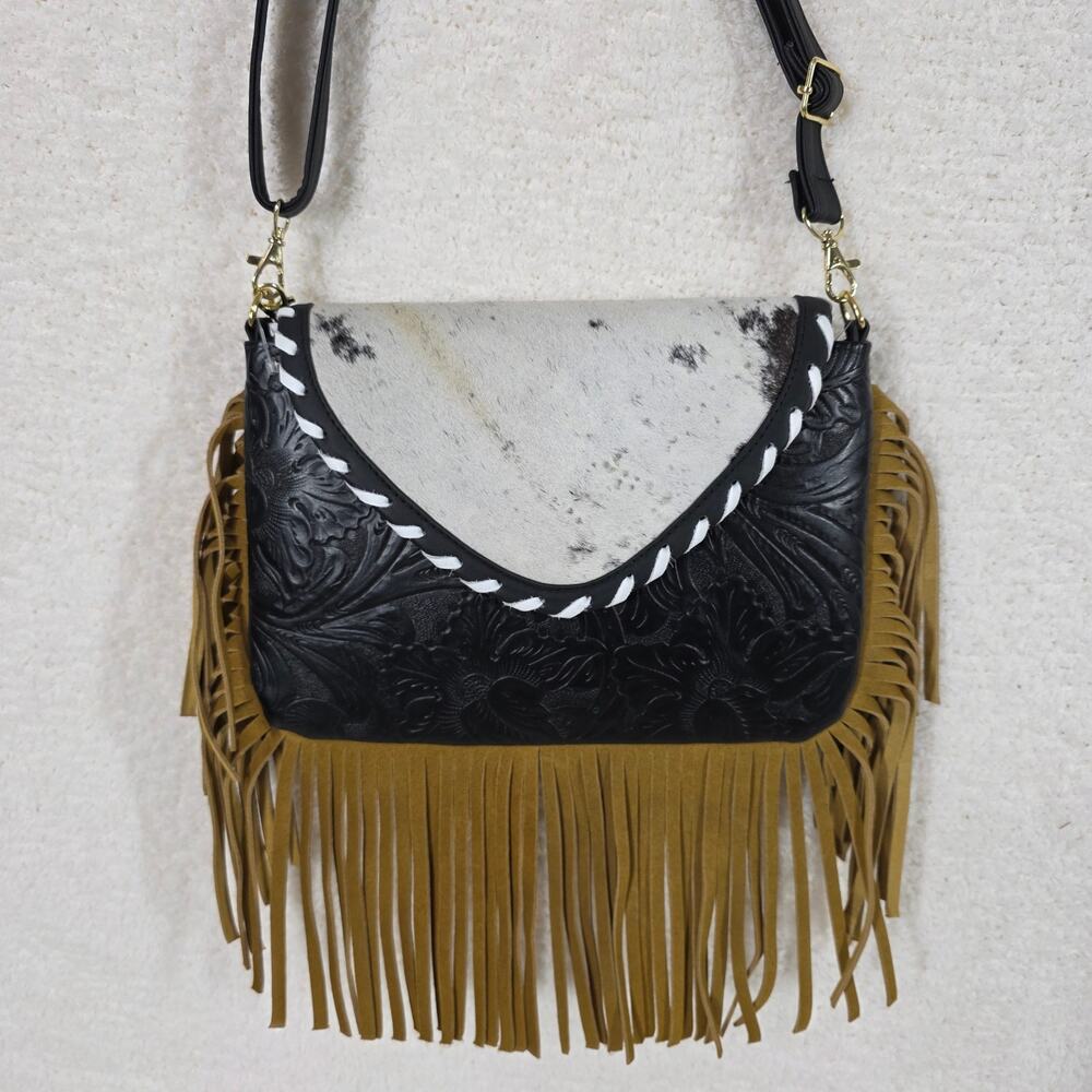 Mexican Black Embossed Tooled Leather & Cowhide Fringe Crossbody Bag